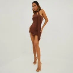 EGO High Neck Tie Detail Split Hem Mini Bodycon Dress In Brown Textured Slinky -The Perla Dress Sales Store 20 10 22 annab14701 scaled