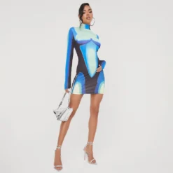 EGO High Neck Long Sleeve Body Heat Printed Detail Mini Bodycon Dress In Blue -The Perla Dress Sales Store 20 12 22 jul37380 copy 2 scaled