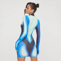 EGO High Neck Long Sleeve Body Heat Printed Detail Mini Bodycon Dress In Blue -The Perla Dress Sales Store 20 12 22 jul37399 copy 2 scaled