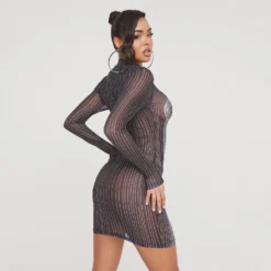 EGO High Neck Long Sleeve Bodying Detail Mini Bodycon Dress In Black Mesh -The Perla Dress Sales Store 20 12 22 jul37566 copy 2 scaled