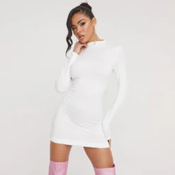 EGO High Neck Long Sleeve Super Stretch Mini Bodycon Dress In White