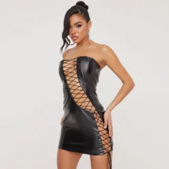 EGO Bandeau Extreme Lace Up Detail Mini Bodycon Dress In Black Faux Leather