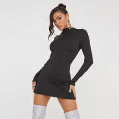 EGO High Neck Long Sleeve Super Stretch Mini Bodycon Dress In Black