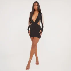 EGO Long Sleeve Plunge Front Backless Mesh Contrast Mini Bodycon Dress In Black Slinky -The Perla Dress Sales Store 21 02 23 pam60884 s scaled
