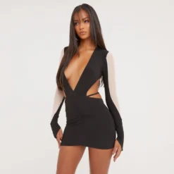 EGO Long Sleeve Plunge Front Backless Mesh Contrast Mini Bodycon Dress In Black Slinky -The Perla Dress Sales Store 21 02 23 pam60890 s scaled