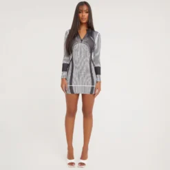 EGO Long Sleeve Zip Front Mini Bodycon Dress In Monochrome Print Slinky -The Perla Dress Sales Store 21 02 23 pam61035 s scaled