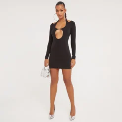 EGO Long Sleeve Halterneck Plunge Front Cut Out Detail Mini Bodycon Dress In Black Slinky