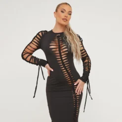 EGO Long Sleeve Extreme Ladder Detail Maxi Dress In Black Slinky -The Perla Dress Sales Store 21 03 23 em71462 sq scaled