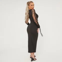 EGO Long Sleeve Extreme Ladder Detail Maxi Dress In Black Slinky -The Perla Dress Sales Store 21 03 23 em71481 sq scaled