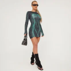 EGO Long Sleeve Contrast Body Print Mini Bodycon Dress In Green -The Perla Dress Sales Store 21 03 23 em71826 s scaled