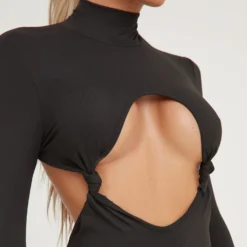 EGO High Neck Long Sleeve Cut Out Knot Detail Mini Bodycon Dress In Black -The Perla Dress Sales Store 21 03 23 em72139 s scaled