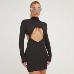 EGO High Neck Long Sleeve Cut Out Knot Detail Mini Bodycon Dress In Black -The Perla Dress Sales Store 21 03 23 em72140 s scaled