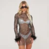 EGO Long Sleeve Faux Feather Trim Mini Dress In Diamante Fishnet
