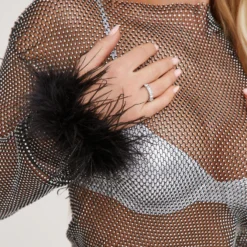 EGO Long Sleeve Faux Feather Trim Mini Dress In Diamante Fishnet -The Perla Dress Sales Store 21 04 23 em87265 s scaled