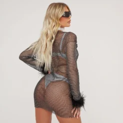 EGO Long Sleeve Faux Feather Trim Mini Dress In Diamante Fishnet -The Perla Dress Sales Store 21 04 23 em87270 s scaled