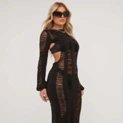 EGO Long Sleeve Extreme Ladder Detail Open Back Maxi Dress In Black Knit -The Perla Dress Sales Store 21 04 23 em88048 sq scaled