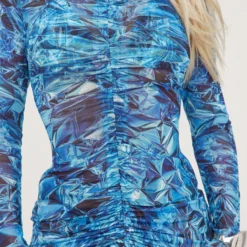 EGO Long Sleeve Ruched Front Detail Mini Bodycon Dress In Blue Printed Mesh -The Perla Dress Sales Store 21 04 23 em88298 s scaled