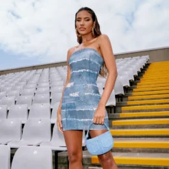 EGO Bandeau Mini Bodycon Dress In Denim Printed Slinky