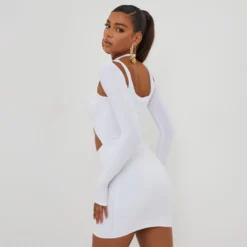 EGO Long Sleeve Cross Strap Cut Out Detail Mini Bodycon Dress In White Slinky -The Perla Dress Sales Store 22 07 228152 scaled
