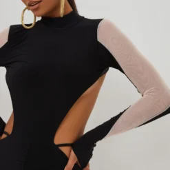 EGO High Neck Cut Out Mesh Panel Detail Mini Bodycon Dress In Black Slinky -The Perla Dress Sales Store 22 07 228278 scaled