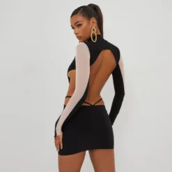 EGO High Neck Cut Out Mesh Panel Detail Mini Bodycon Dress In Black Slinky