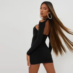 EGO Cross Strap Long Sleeves Keyhole Detail Mini Bodycon Dress In Black Slinky -The Perla Dress Sales Store 23 08 22 unya11168 sq scaled