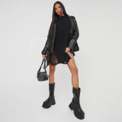 EGO Long Sleeve Distressed Detail Jumper Dress In Black Knit -The Perla Dress Sales Store 23 11 22 july28923 sq scaled