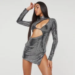 EGO High Neck Long Sleeve Cut Out Detail Side Split Mini Dress In Silver Sequin
