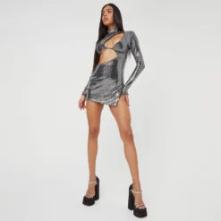 EGO High Neck Long Sleeve Cut Out Detail Side Split Mini Dress In Silver Sequin -The Perla Dress Sales Store 23 11 22 july29354 sq scaled