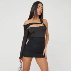 EGO One Sleeve Ring Ruched Detail Structured Corset Mini Bodycon Dress In Black Mesh