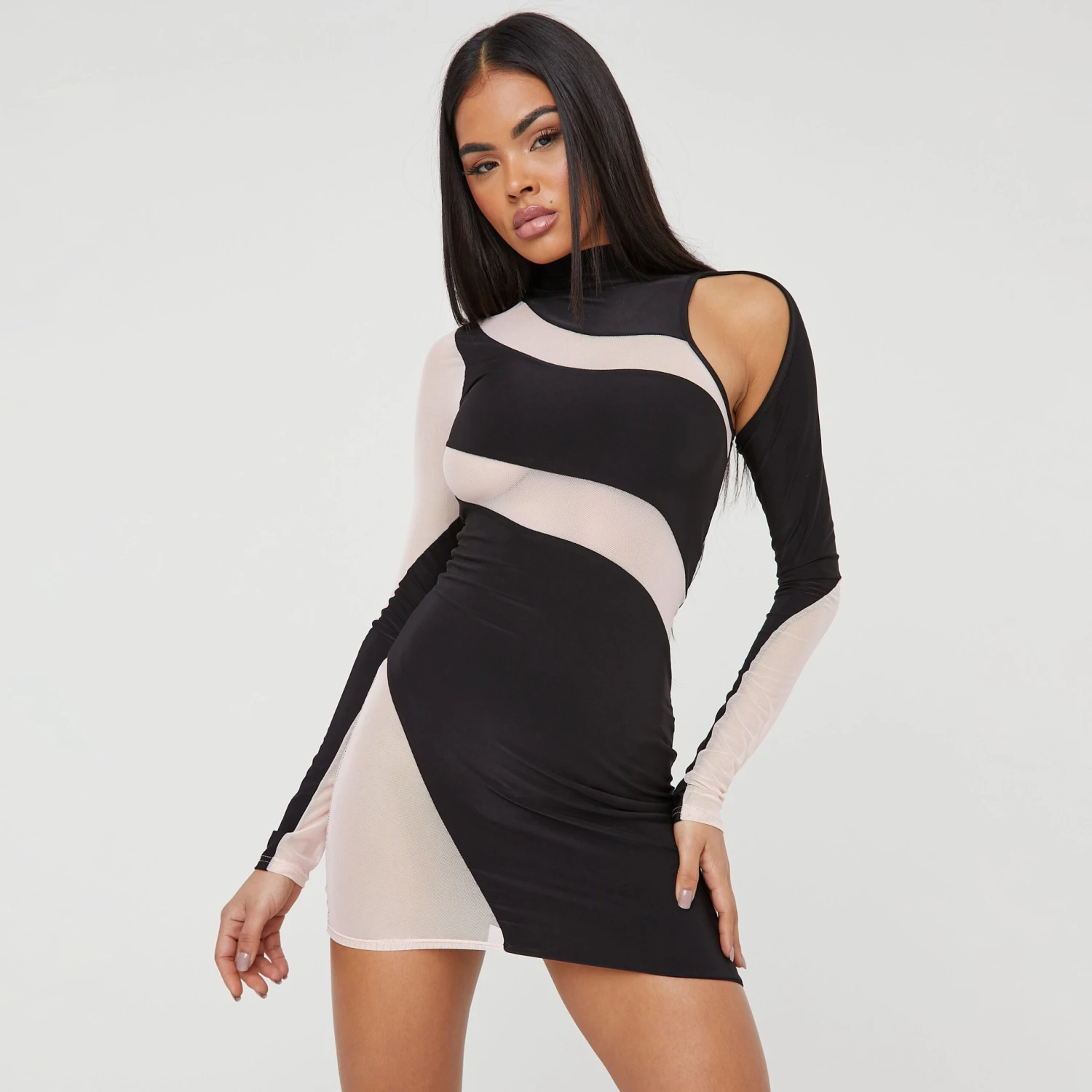 EGO Long Sleeve High Neck Contrast Mesh Detailing Mini Bodycon Dress In Black Slinky