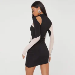EGO Long Sleeve High Neck Contrast Mesh Detailing Mini Bodycon Dress In Black Slinky -The Perla Dress Sales Store 23 11 22 july29725sq scaled
