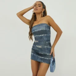 EGO Bandeau Mini Bodycon Dress In Denim Printed Slinky -The Perla Dress Sales Store 23 22 09 annabel3160 sq scaled