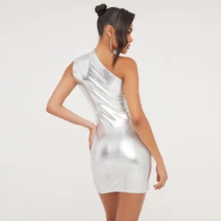 EGO One Shoulder Twisted Front Ruched Detail Dress In Silver Metallic -The Perla Dress Sales Store 24 01 23 jul50269 s scaled