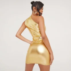 EGO One Shoulder Twisted Front Ruched Detail Dress In Gold Metallic -The Perla Dress Sales Store 24 01 23 jul50282 s scaled