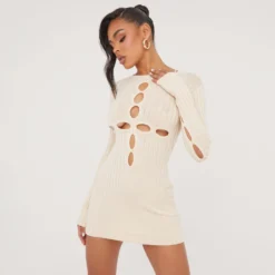 EGO Long Sleeve Cut Out Cross Detail Mini Bodycon Dress In Stone Knit
