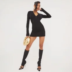 EGO Long Sleeve Zip Front Contour Detail Mini Dress In Black Knit -The Perla Dress Sales Store 24 01 23 jul50432 s scaled