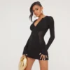EGO Long Sleeve Zip Front Contour Detail Mini Dress In Black Knit