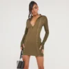 EGO Long Sleeve Seam Detail Zip Front Mini Bodycon Dress In Acid Wash Khaki -The Perla Dress Sales Store 24 01 23 jul50478 s scaled