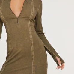 EGO Long Sleeve Seam Detail Zip Front Mini Bodycon Dress In Acid Wash Khaki -The Perla Dress Sales Store 24 01 23 jul50479 s scaled