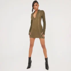 EGO Long Sleeve Seam Detail Zip Front Mini Bodycon Dress In Acid Wash Khaki -The Perla Dress Sales Store 24 01 23 jul50480 s scaled
