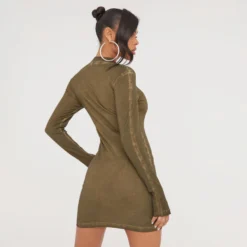 EGO Long Sleeve Seam Detail Zip Front Mini Bodycon Dress In Acid Wash Khaki -The Perla Dress Sales Store 24 01 23 jul50484 s scaled