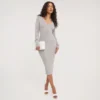 EGO Long Sleeve Notch Detail Midi Bodycon Dress In Grey Ribbed