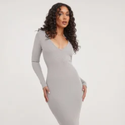 EGO Long Sleeve Notch Detail Midi Bodycon Dress In Grey Ribbed -The Perla Dress Sales Store 24 02 23 nahome62216 s scaled
