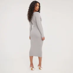 EGO Long Sleeve Notch Detail Midi Bodycon Dress In Grey Ribbed -The Perla Dress Sales Store 24 02 23 nahome62224 s scaled