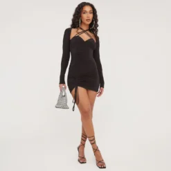EGO Long Sleeve Cross Halterneck Strap Ruched Tie Detail Mini Bodycon Dress In Black Slinky -The Perla Dress Sales Store 24 02 23 nahome62406 s scaled