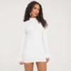 EGO Long Sleeve High Neck Feather Trim Detailing Mini Bodycon Dress In White