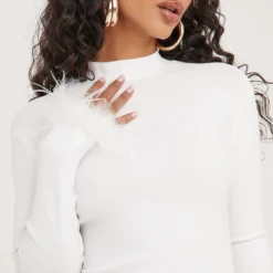 EGO Long Sleeve High Neck Feather Trim Detailing Mini Bodycon Dress In White -The Perla Dress Sales Store 24 02 23 nahome62456 s scaled