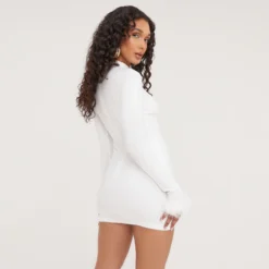 EGO Long Sleeve High Neck Feather Trim Detailing Mini Bodycon Dress In White -The Perla Dress Sales Store 24 02 23 nahome62459 s scaled