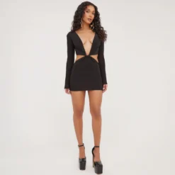 EGO Long Sleeve Cut Out Detail Plunge Front Shoulder Pad Mini Bodycon Dress In Black -The Perla Dress Sales Store 24 02 23 nahome62505 s scaled